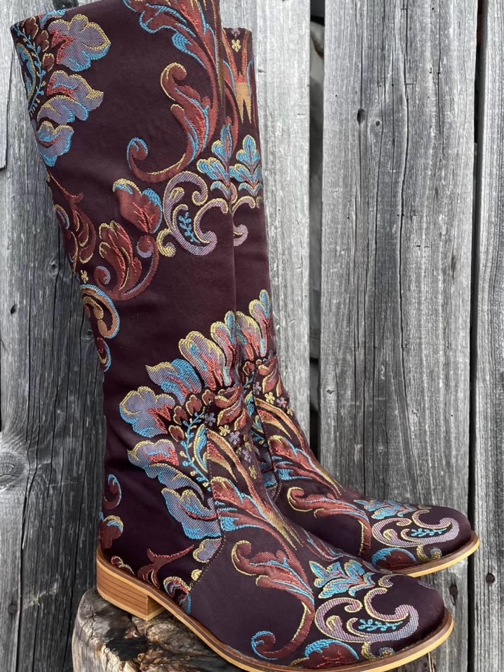 Embroidered Knee high Boots in Brown with Blue & Gold Accents